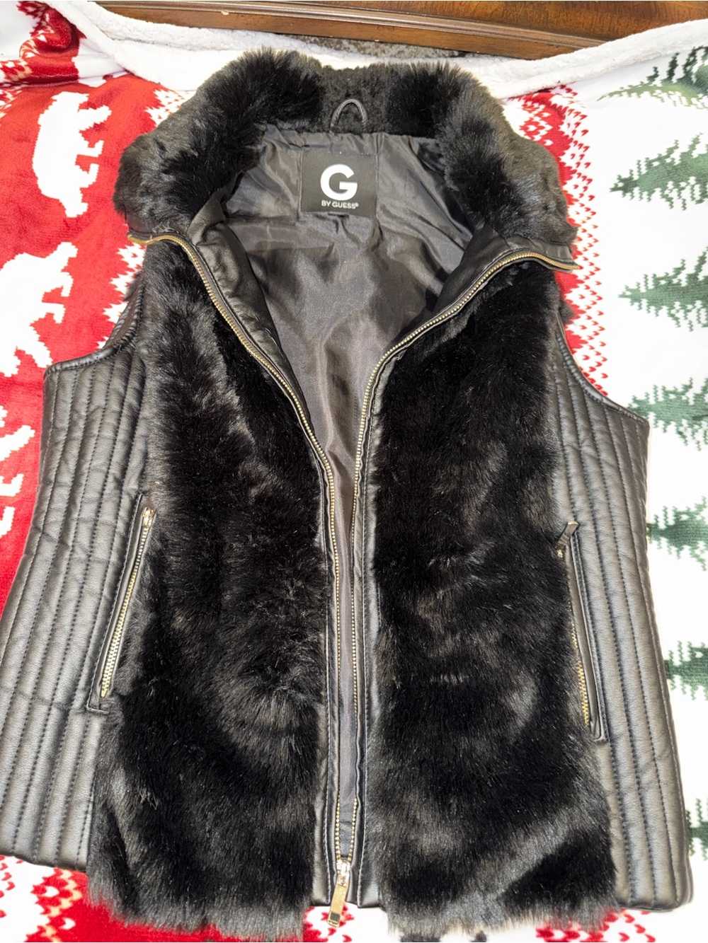 G by Guess Black Quilted Faux Fur Vest